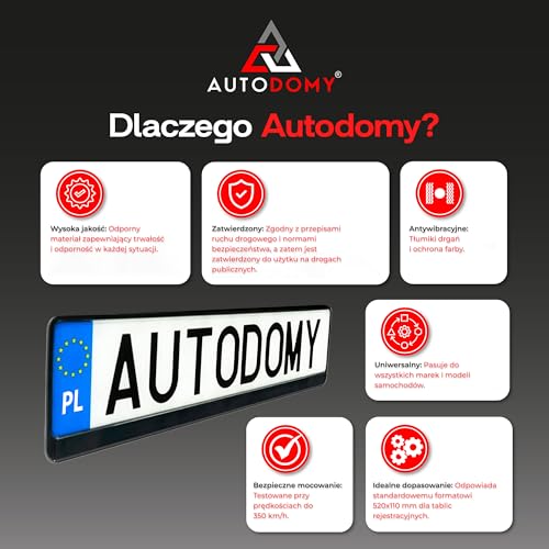 Autodomy Zestaw 2 Sztuki Ramki na Tablicę Rejestracyjną do Samochodu 520x110 mm | Uchwyt na Tablicę Rejestracyjną Samochodu Homologowany, Pasujący do Każdego Modelu + 4 Wkręty
