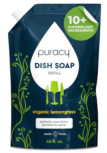 Puracy Natural Dish Soap Refill - Skin-Softening Plant-Based Liquid Dishwashing Detergent Soap, Clean-Rinsing Water-Sheeting Formula (Organic Lemongrass, 48 fl oz)