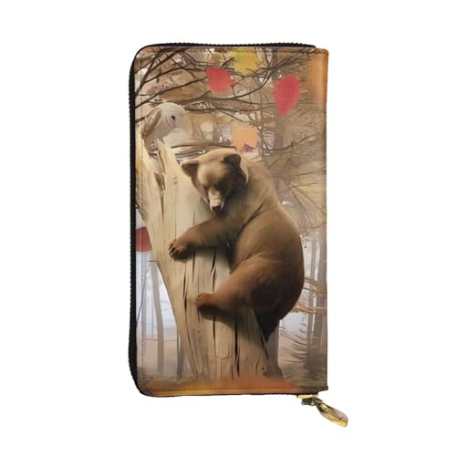 Portefeuille long en cuir avec imprimé ours marron pour homme et femme