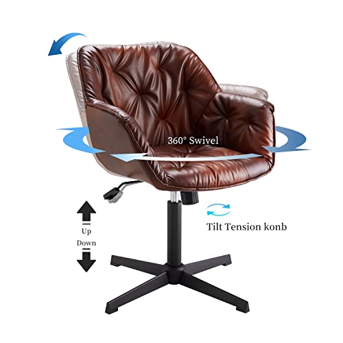 Art Leon Desk Chair No Wheels, Mid Century Retro Faux Leather Home Office Chair, Adjustable Swivel Task Chair With Armrests, Brown #TOP2