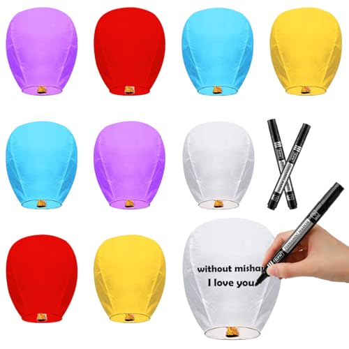 10 faroles de papel coloridos para liberar en el cielo con 2 marcadores, 5 colores, linternas colgantes conmemorativas para eventos al aire libre, decoración de fiestas (5 colores)