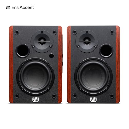 Image of PreSonus Eris Accent Powered Bookshelf Speakers - 50W Wired Stereo Speakers for Record Player, Turntable, Desk & Home, Multiple Inputs, 4 inch Woofer, Studio Monitors, Tweeter, Remote, Sub Out, Wood Grain