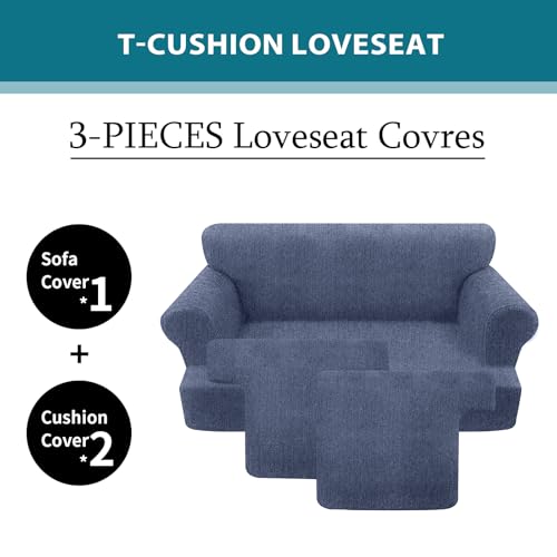 T Cushion Loveseat Slipcover 3 Pieces Sofa Covers for T Cushion Sofa Stretch Slip Covers for 2 Cushion Couch with 2 Individual T Shape Seat Covers (Blue Gray, 2 Cushion) - Image 4