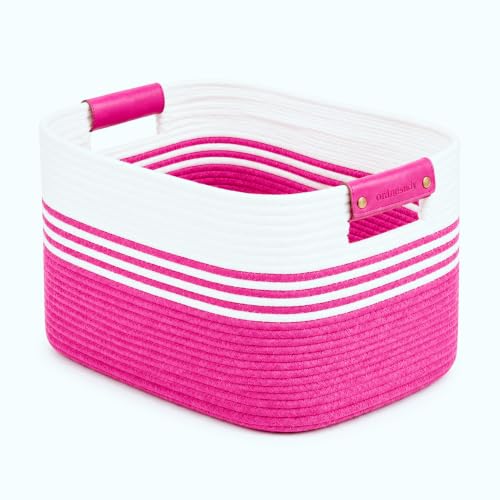 Image of 22.8GAL Extra Large Collapsible Laundry Basket for Dirty Clothes,Shoes, Sturdy Portable Aesthetic Boho Heavy Duty Wicker Hamper for Living Room Thow Pillows Blankets Storage Organizer,Hot Pink