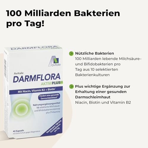 Avitale Darmflora Aktiv Plus mit 100 Mrd. Milchsäure– & Bifidobakterien aus 10 selektierten Stämmen und Vitamin A, B1, B2, B6, Biotin, Folsäure & Niacin, 40 Kapseln