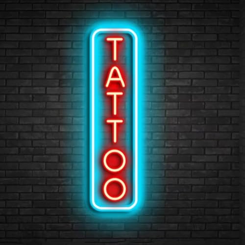 Image of Dimmable Tattoo Neon Sign,LED Reusable Neon Signs,Arylic Ice Blue Tattoo Shop Sign with Dimmer for Tattoo Salon, Studio, Shop Plaque,Tattoo Gifts for Friends,17x6in(Ice Blue+Red)