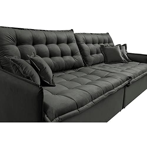 Sofá Cama Retrátil Reclinável 2,55m Cama Inbox Versátil com Pillow Top e Molas Velusoft Cinza