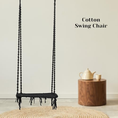 Image of Swingzy Cotton Pine Single Seater Swing Chair /Hanging Swing Chair for Home, Indoor, Outdoor, Patio, Balcony, Garden /Swing for Home /Jhula for Adults /Free Hanging Accessories (58x46,145 Cm, Black)