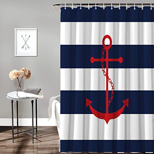 Red Anchor On Blue Stripes Print Shower Curtain Home Decor Bath Curtain Collections 72X78Inches #TOP2