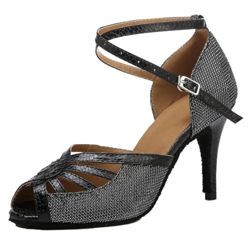 Chaussures Modern Jazz Femme en Noir Scintillant avec Talon Élégant de 8.5cm