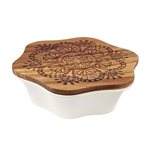 9-Inch White Stoneware Baker with Snowflake Engraved Wood Lid, Oven-Safe Baking Dish