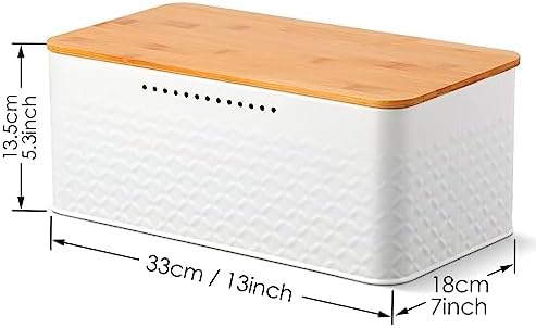 Chuboir Bread Bin, Metal Bread Box with Bamboo Lid Usable as Cutting Board, Bread Storage Container Holder for Kitchen Countertop, 13 x 7 x 5.3 inch (White)