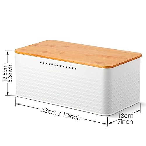 Chuboir Bread Bin, Metal Bread Box with Bamboo Lid Usable as Cutting Board, Bread Storage Container Holder for Kitchen Countertop, 13 x 7 x 5.3 inch (White)