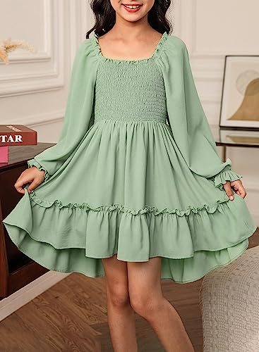 Blibean Tween Girl Fall Ruffle Long Sleeve Dress Big Kid Solid Casual Boho Fancy Party Smocked Dresses Young Semi Formal Swing Dressy Outfit Clothes Size 4-5 Year Old Sage Green thumb #2