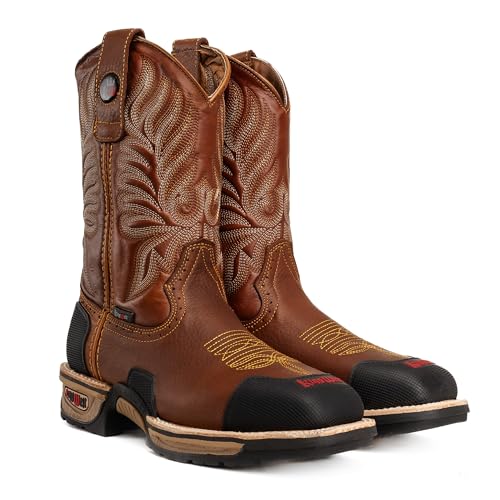 Buffalo Tan 10" Premium Leather Slip Resistant Mens Western Cowboy Work Boots, Steel Toe, Square Toe, Pull On, Abrasion Resistant Toe and Heel Guard3