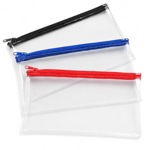1ABOVE Lot de 3 Trousses à Crayons Transparentes avec Fermeture éclair pour l'école, la Maison, Le Bureau et Les Voyages - Bleu, Noir et Rouge - 20 x 12,5 cm, Noir/Bleu/Rouge, Trousse Transparente – vue 2