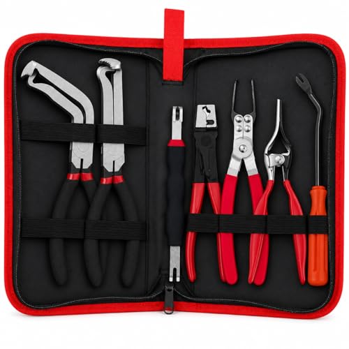 7PCS Electrical Disconnect Pliers Set with Leather Storage Case Automotive Connector Removal Tool Kit for Push Tab Style Plugs Fuel Injectors Sensors & Relays Car Repair Tools for Mechanics