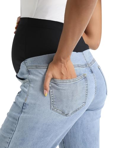 Gowjog Damen Umstandsjeans über dem Bauch Geradem Bein Roher Saum Jean Umstandshose Denim Schwangerschaftsjeans mit Taschen (Hellblau,M)
