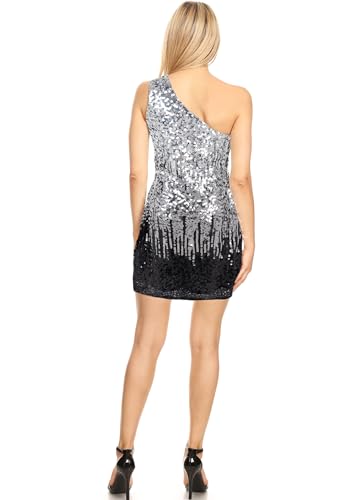 Image of Anna-Kaci Women's One Shoulder Sparkle Sequin Stretchy Cocktail Club Mini Dress
