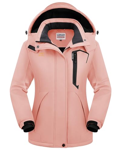 WULFUL Women’s Waterproof Snow Ski Jacket Mountain Windproof Winter Coat with Detachable Hood, Pink New, Large