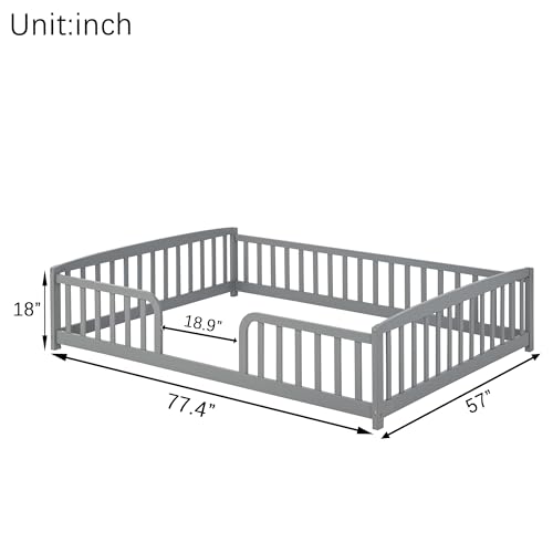 Image of Bellemave Full Size Montessori Floor Bed Frame with High Fence, Solid Wood Kids Floor Bed with Central Entrance, Low Profile Bed for Boys & Girls, Rounded Corner Design,Gray