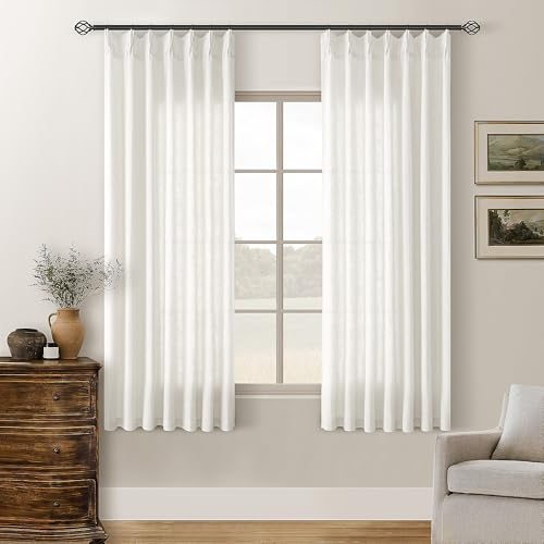Beige White Pinch Pleated Linen Curtains, 63in 2 Panels