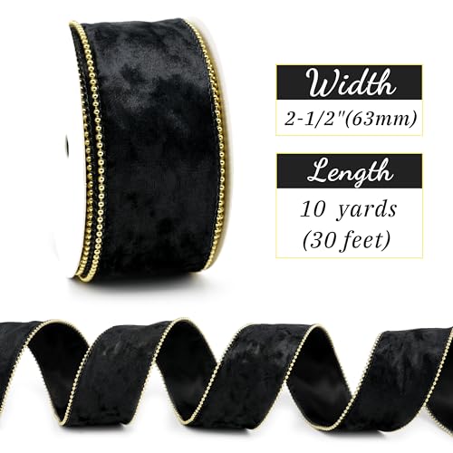 MAYREEL 2.5 Inch Black Crushed Velvet Wired Ribbon with Beaded Pearl Edge for Gift Wrapping Floral Craft Christmas Tree Decorations Bows Home Decor 10 Yards by MAYREEL - Used condition - Image 2