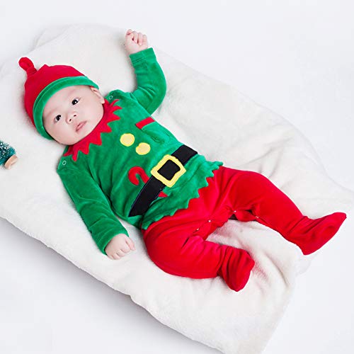 IMEKIS Pasgeboren Baby Meisjes Jongens Mijn 1e Kerst Outfit Lange Mouwen Kerstman Sneeuwman Rendier Gestreepte Print Romper Jumpsuit met Hoed Xmas Party Kleding Set, Groen 1, 0-3 Maanden - Afbeelding 4