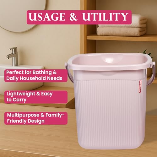 Image of Modware Square Ribbon Plastic Bucket Set with Mug | 25L Brown Bathroom Bucket with Handle + 1.5L Mug | Heavy-Duty Polypropylene + Co-Polymer | Stylish & Durable Bath Set (Pink 25 L)