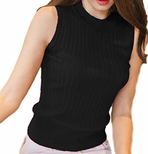 [トーアソーア] ノースリーブ レディース 春 夏 秋 冬 薄手 タイト おしゃれ かわいい へそ出し tシャツ セーター カットソー ニット トップス 薄手 リブ ハイネック (黒)