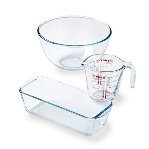 Pyrex - 3-teiliges Gebäck-Set – 1 x 0,5 l Messbecher + 1 x 2 l Rührschüssel + Kuchenform – Borosilikatglas – kratzfest