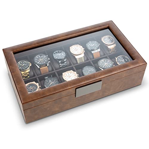 Glenor Co Watch Box for Men - 12 Slot Luxurious & Masculine Watch Case, Sturdy Hinges, Large Watch Holder, Glass Top Watch Organizer for Men - Metal Accents - PU Leather Brown 3 41cldlKnRTL. SL500