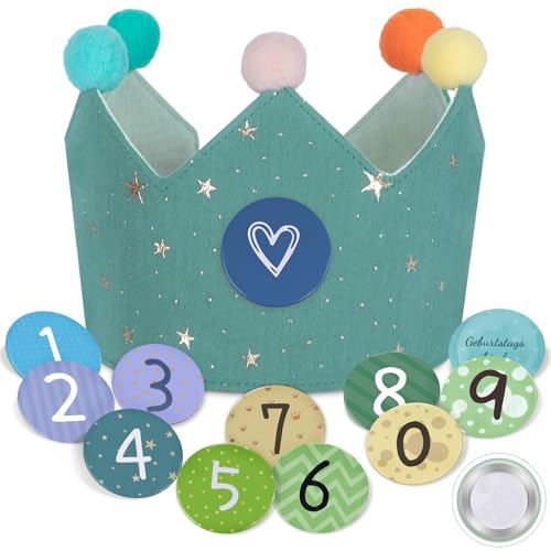 Thedttoy Geburtstagskrone Musselin für Mädchen Junge,Geburtstags Krone Jungen Musselin KroneStoff mit Klett-Buttons Zahlen von 0-9, Unisex WendbareKrone für Kinder Geburtstag Party Deko Partyhüte