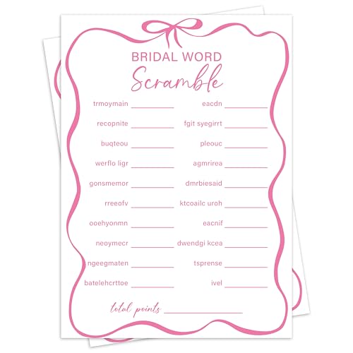 Jdgbo Bridal Shower Games for 30 Guests, Bridal Word Scramble, Pink Bow Wedding Party Activities, Engagement Bridal Shower Party Activities for Reception -pink12