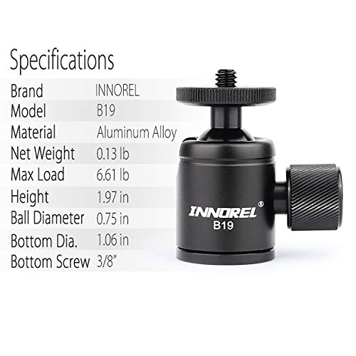 Mini Tripod Ball Head-INNOREL B19 Mount Head-Metal Ballhead 360° Pan 90° Tilt Tripods Mount with 3/8" to 1/4" Adapter CNC Ballheads,Max Load 6.61 lb for Phone/DLSR Camera/Mini Holder (1 Piece) by INNOREL - Image 4