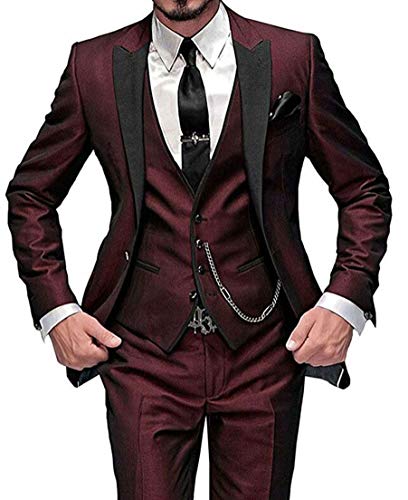 One Button 3 Pieces Burgundy Wedding Suits Notch Lapel Men Suits Groom Tuxedos Burgundy 52 Chest / 46 Waist