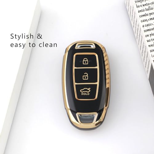 Image of TPU Car Key Cover Black & Golden Compatible for Hyundai Kona Electric, Verna (Hyundai, 3 Button Push Start Key)