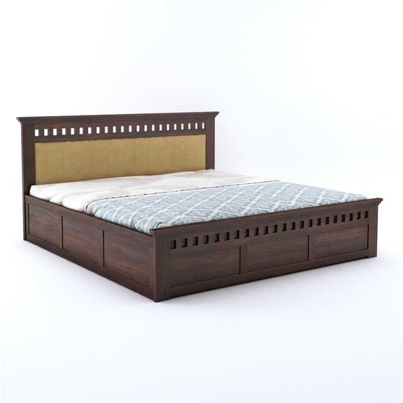 Image of Amazon Brand - Solimo Solid Sheesham Wood Kuber Queen Size Upholstered Bed with Box Storage + 2 Bedside | Wooden Queen Size Cot Bed | Double Bed with 2 Bedside Table for Bedroom (Walnut Finish)