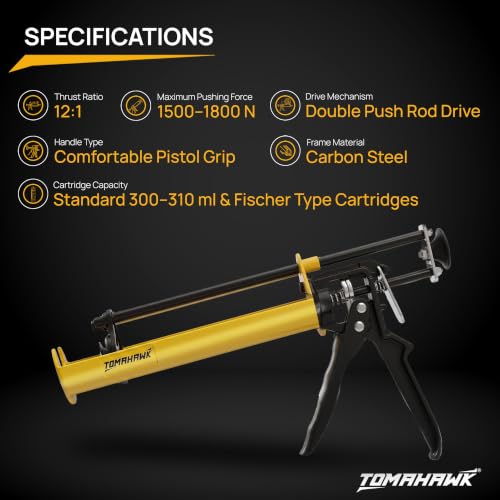 Image of TOMAHAWK TCRG-1A Fisher Type Heavy Duty Caulking Gun | Ratchet Pushing Rod | Professional Sealant Applicator for Silicone, Adhesives, Acrylic & Construction Sealants | Durable Metal Frame