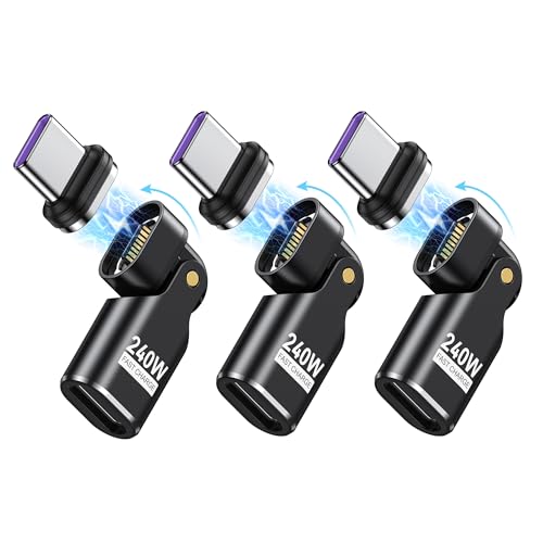 AUFU タイプC マグネット 240W対応 16Pin Ｌ字型 180°回転可能【3個セット】USB C to USB C マグネット アダプタ 48V/5A急速充電 データ転送可 片手操作 Mac-Book/1Pad, 1Phone 17/16/15, Android等対応 磁石で脱着可能 磁気 2個セット ブラック