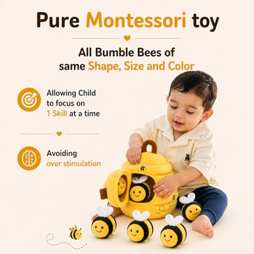 Image of TurtleBee Sensory Bee Baby Toy for 1 year Old - Montessori Soft Beehive Hide & Seek Toy with Plush Bumble Bees, Crinkle, Rattle & Mirror | Developmental Toys for Toddlers | Birthday Gift for 1,2,3 Years Old