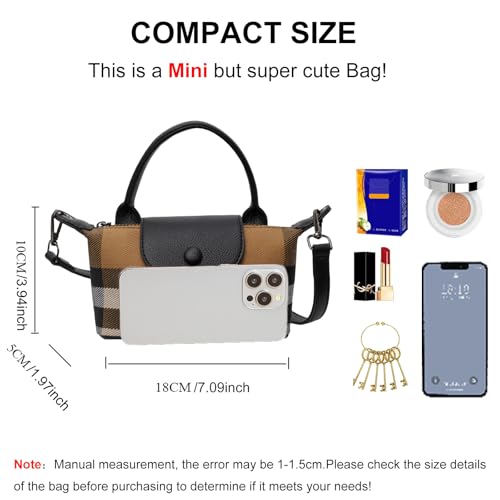 Image of Mini Plaid Canvas Handbag for Women PU Leather Top Handle Checked Bucket Hand Bag