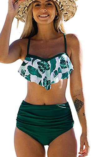 Zweiteiliger Badeanzug Damen Gerüschter Saum Hoher Taille Schwimmanzug Blumendruck Rüschen Sexy Schultergurt Verstellbarer Badeanzug Bikini Damen Cover