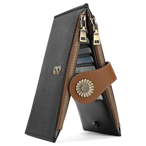 SENDEFN Thin Wallet Women Leather Bifold Credit Card Case Holder RFID Blocking 2 Zipper Pockets Purse
