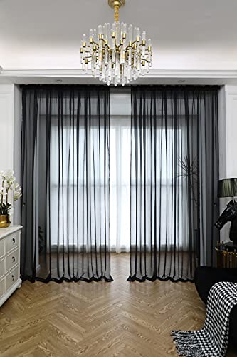 Image of Window Black Sheer Curtains 60 Inches Width 45 Inches Long 2 Panels Sheer Curtain Clear Curtains Basic Rod Pocket Panel for Home Living Room Bedroom Kids Room Yard Patio Parlor Sliding