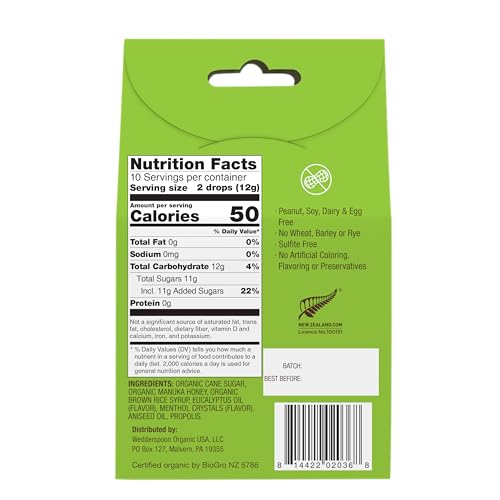 Image of Wedderspoon Organic Manuka Honey Drops, Eucalyptus & Bee Propolis, 20 Count (4oz) Genuine New Zealand Honey | Perfect Remedy for Dry Throats - (Pack of 2)