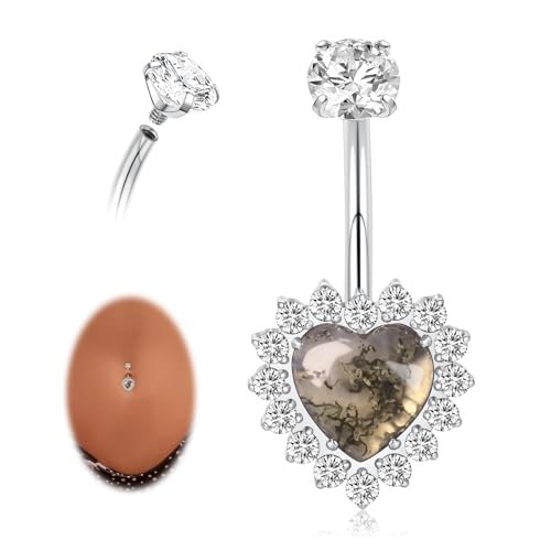AROWRO Heart Belly Button Ring G23 Titanium Belly Piercing Hypoallergenic Sliver Belly Ring 14G 10mm Sparkle Long Navel Piercing Jewelry with Moss Agate by AROWRO - Used condition - US$11.86