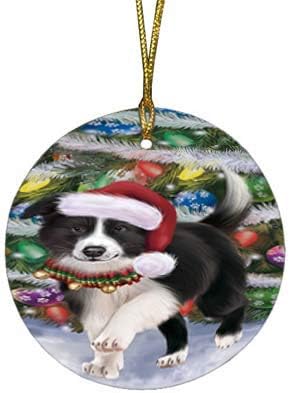 Let It Snow Border Collie Dog Round Flat Ornament - Pet Decorative Hanging Ornaments for Christmas X-mas Tree Decorations - 2.75" Round Ceramic Christmas Ornament POR1484