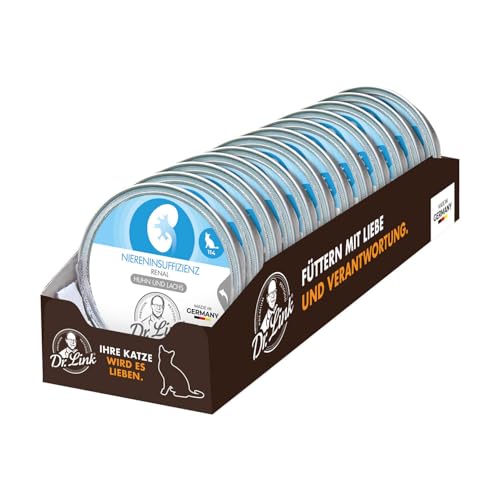 Dr. Link Spezial-Diät Katzenfutter für Katzen und Kater, Nieren, Proteinquelle Huhn & Lachs – Premium-Diät-Alleinfuttermittel, mit Omega-3 Fettsäuren, Unterstützung der Nierenfunktion – 12x85g Schale