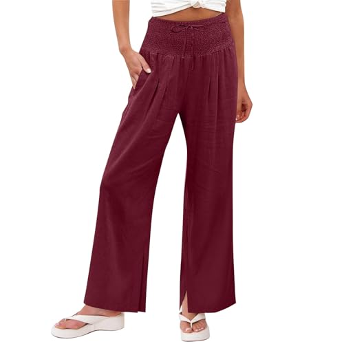 Pantalones de algodón y lino para mujer, pantalones de pierna ancha, cintura alta, pantalones de playa de verano, cintura elástica, transpirables, pantalones palazzo con bolsillos, pantalones de yoga